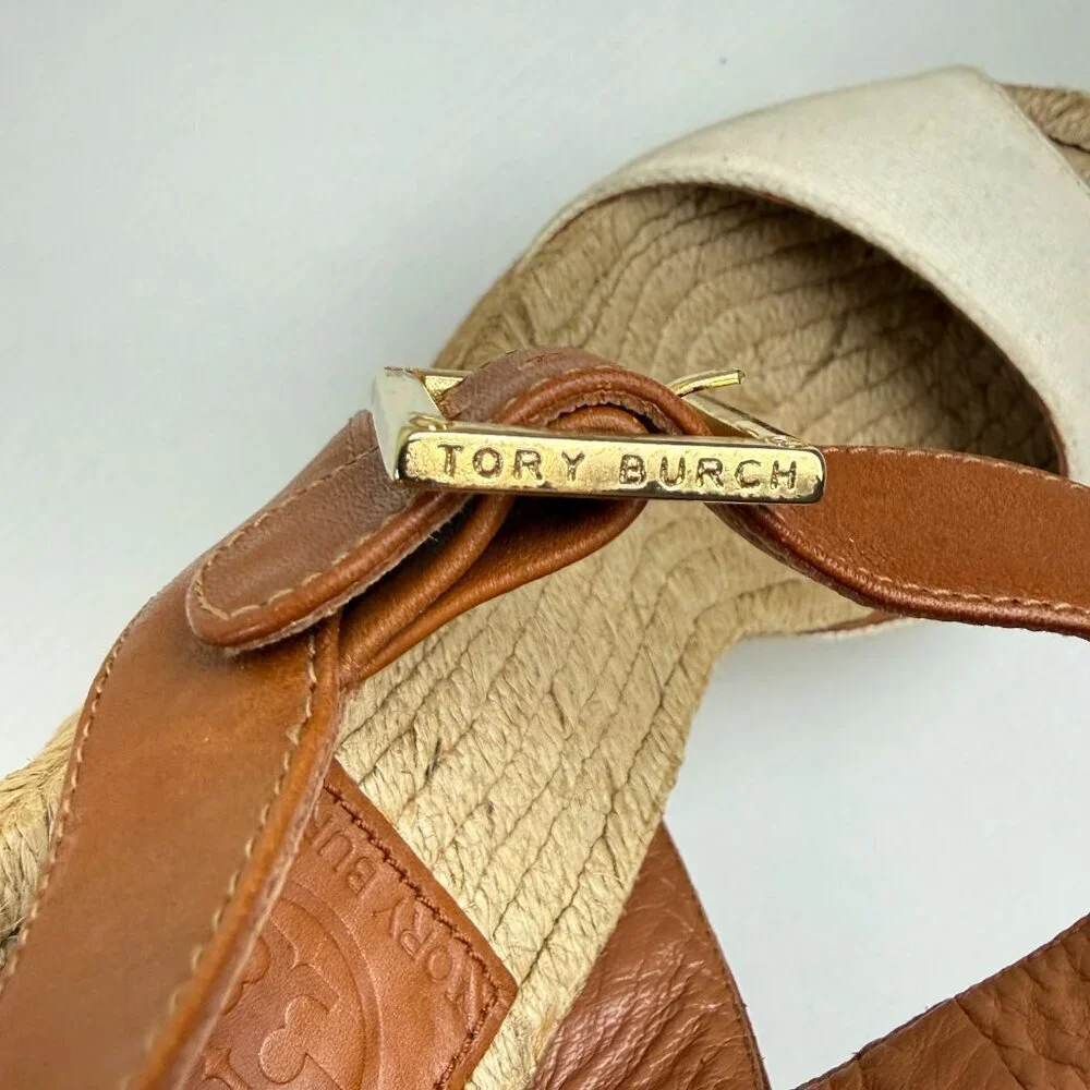 Tory Burch Espadrille Wedge Sandals White Canvas Toe Brown Leather Ankle Strap
